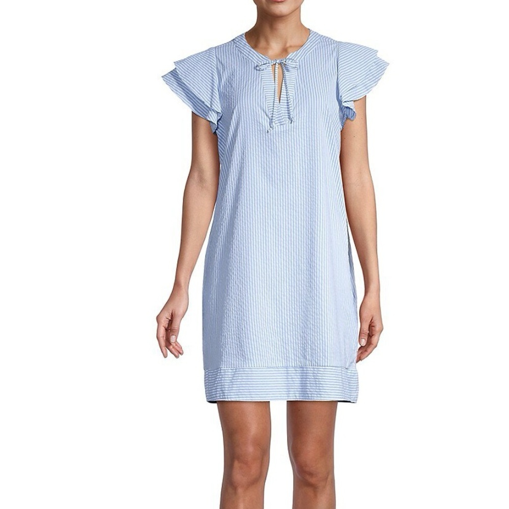 Vineyard Vines dress performance ruffle sleeve shift blue and white stripes - Picture 2 of 12